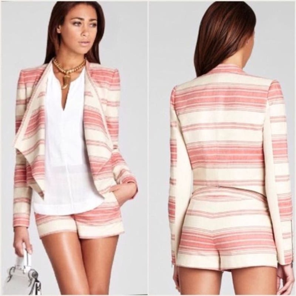 BCBGMaxazria Striped Abbey Blazer XS Asymmetrical Open Front 100% Cotton Tan Red
